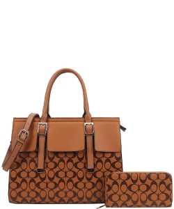 2in1 Oval Print Satchel W Wallet Set DP-9151-W BROWN